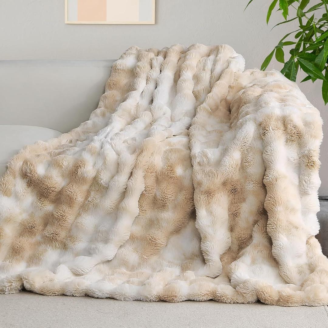 Soft Plush Thick Bubble Blanket, Faux Rabbit Fur Throw Blanket for Couch Bedroom Living Room, Fluffy Throw Blanket (60 * 80 inches, Tie-dye Camel)