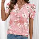 LOMON Spring Summer Tops for Women 2026 V Neck Puff Short Sleeve Tops Fashion Trendy Work Blouses Dressy Casual S-XXL (L)