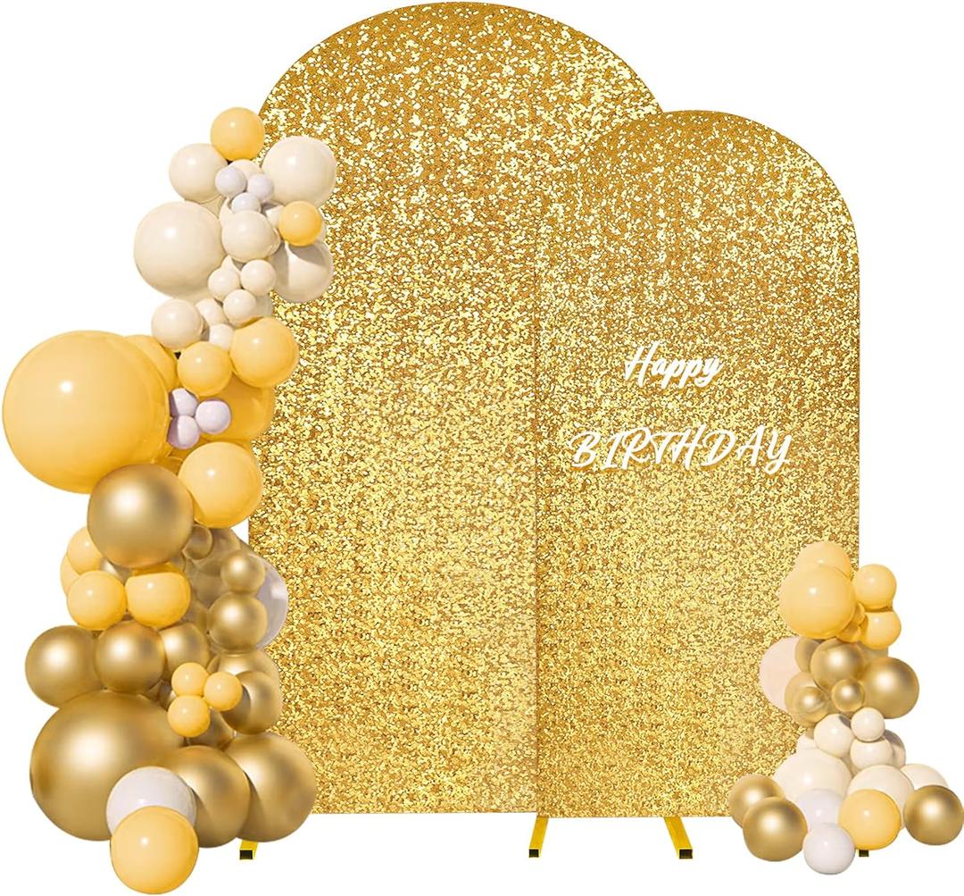 Set of 2 Sequin Wedding Arch Stand Cover 2-Sided Round Top Spandex Fitted Bling Arch Backdrop Cover Chiara Arch Stand Cover Birthday Party Baby Shower Wedding Arch Decor7.2FT, 6.6FT, Gold