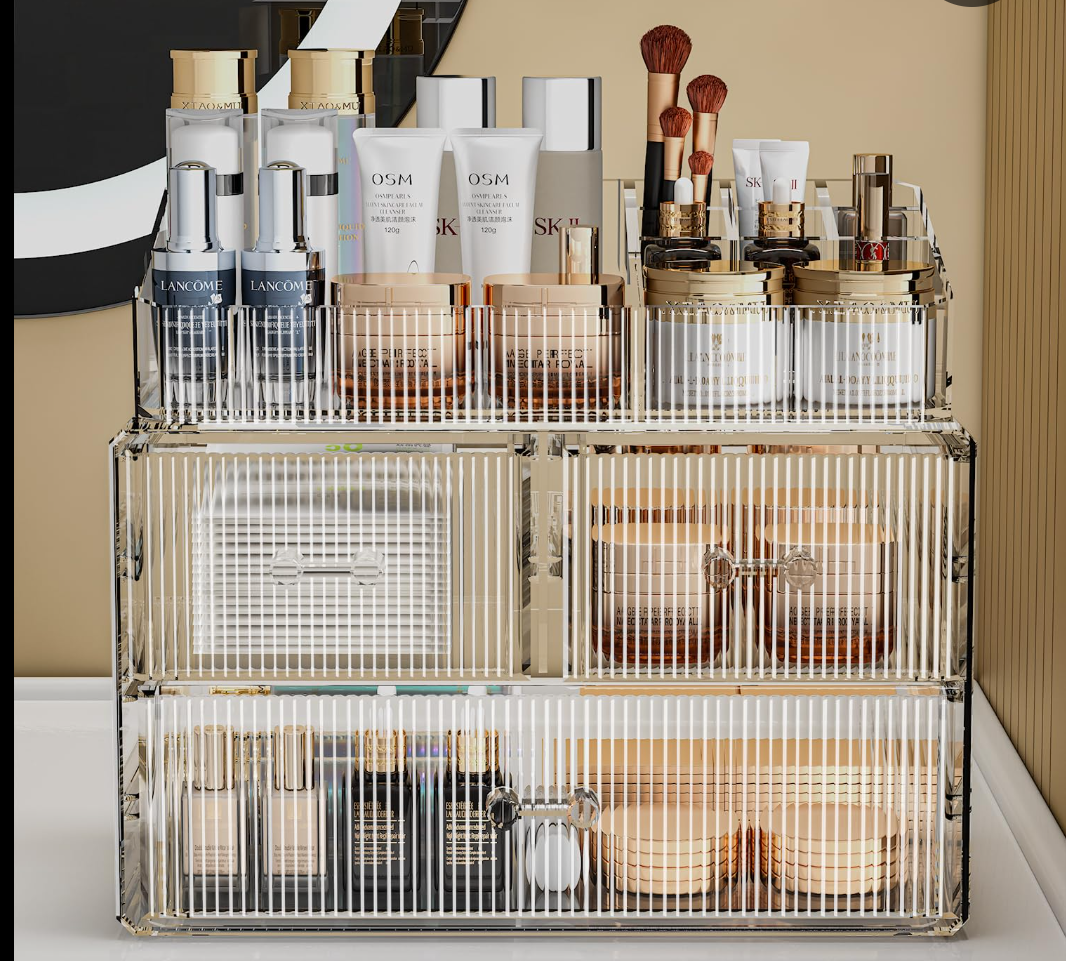 COMVTUPY Clear Makeup Organizer with Acrylic Drawers - Ideal Makeup Organizer for Vanity or Dresser with Clear Storage Drawers,1 Top, 3 Drawers, Pattern