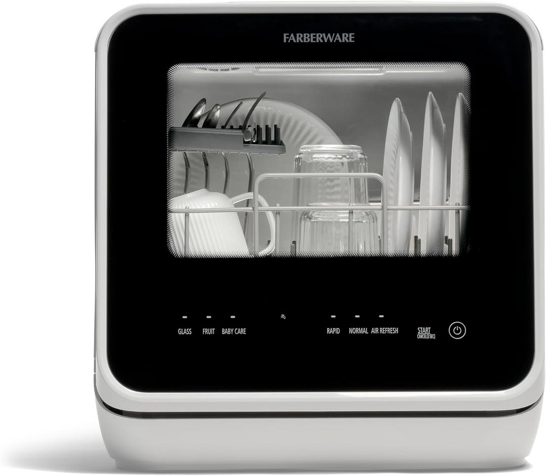 Farberware Portable Countertop Dishwasher with 5-Liter Built-in Water Tank - 5-Program System for Home, RV, and Apartment - Wash Dishes, Glass, and Baby Products (Black/White)