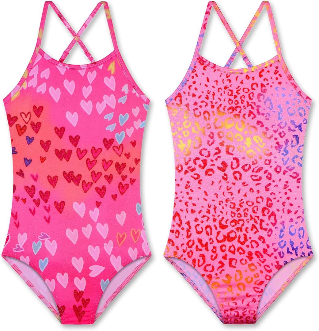 LUOUSE Girls Sparkle Swimsuits Quick Dry Crossback One Piece Beach Swimwear Bathing Suit with Adjustable Strap 4-9 Years (5-6 Years, 30 Pink Heart/Pink Leopard)