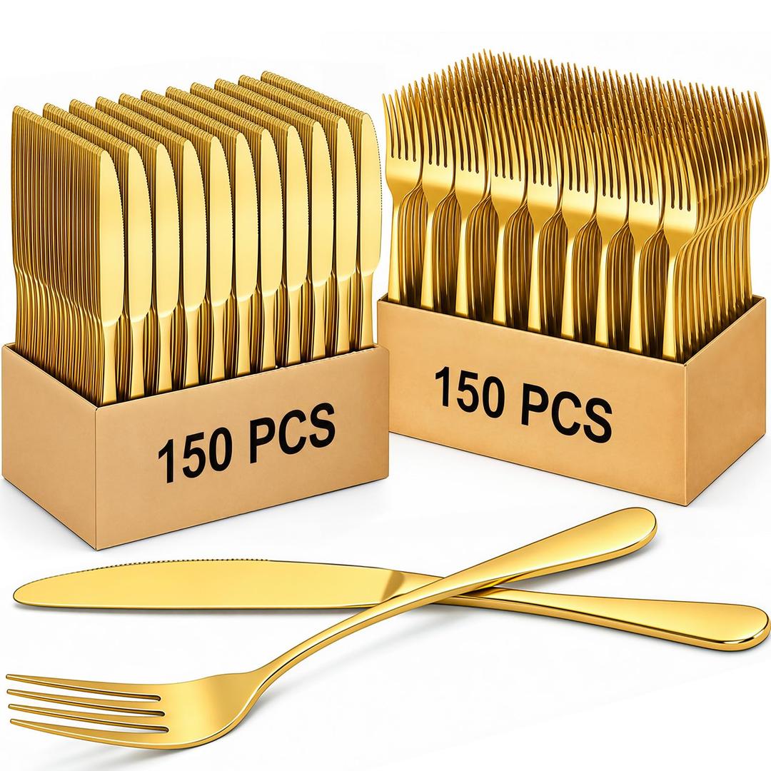 Nuenen 300 Pcs Forks and Knives Stainless Steel Silverware Set 150 Dinner Forks and 150 Knives Flatware Tableware Cutlery Set for Home Restaurant, Mirror Polished, Dishwasher Safe(Gold, Simple)