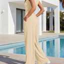 BTFBM Womens 2 Piece Outfits Spring 2026 V Neck Cap Sleeve Ruched Top Wide Leg Pants Sets Rib Knit Lounge Matching Set(Apricot, Medium) (Beige, M)