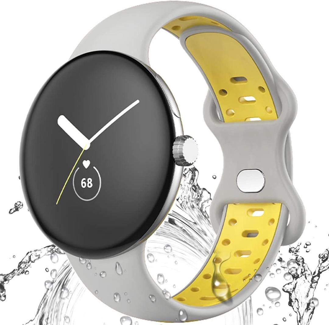 Miimall Compatible for Google Pixel Watch 4(2025) 3 2 1 41mm Bands, Soft Silicone Waterproof Sport Wristband Strap Band for Google Pixel Watch 4/3/2/1 for Women Men (Large, Grey-Yellow)