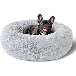Dog Bed Calming Beds for Small Medium Dogs - Round Donut Washable Dog Bed, Anti-Slip Faux Fur Fluffy Donut Cuddler Anxiety Cat Bed(Light Grey 24")