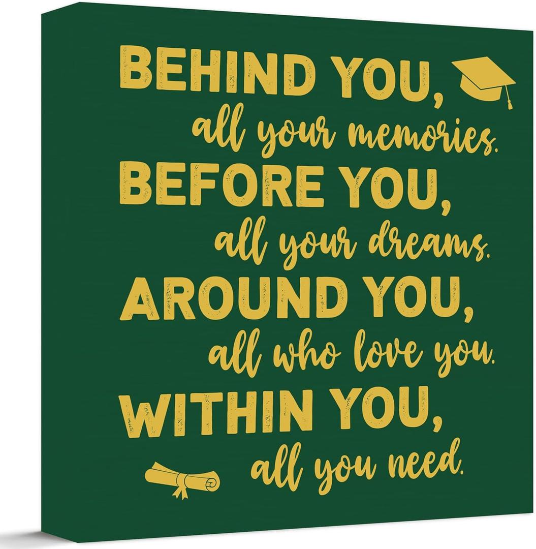 2026 Graduation Wood Box Sign for Graduate Gifts, Positive Quote Behind You All Your Memories Wooden Box Block Sign for Grad Party Favors Supplies Tabletop Home, Green and Gold