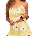 Ekouaer Satin Pajama Set for Women 2 Piece Camisole Top and Shorts Silk Lingerie with Ruffle Floral Nightwear, Size , Yellow 