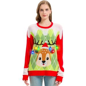 MGparty Ugly Christmas Sweater for Women 2025 Christmas Cute Light Up Sweaters Holiday Party Novelty Funny Pullover (X-Large, Green)
