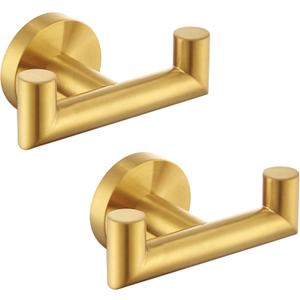 Angle Simple Towel Double Hook Brushed Gold 2 PCS, SUS304 Stainless Steel Bathroom Hand Towel Holder, Double Robe Hook, Wall Mount