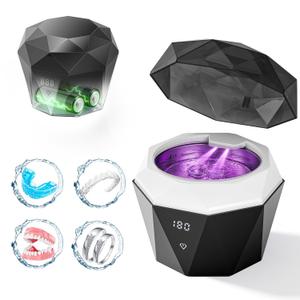 15W Ultrasonic Retainer Cleaner with 2 * 2000mAh Rechargeable Battery, LUMYSPACE 435KHz Denture Cleaner Machine, Digital Timer & U-V-C Lights for Braces Night Guard Mouthguard Aligners Jewelry