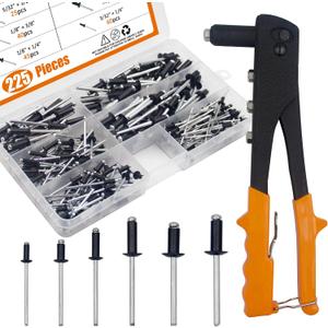 ISPINNER 225pcs Black Aluminum Blind Rivets Assortment Kit with Heavy Duty Hand Riveter RivetGun Tool, 6 Sizes Pop Rivets with Divider & Labeled Case
