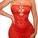 RoseSeek Women's Chemise Nightgowns Floral Lace Mesh Strapless Thong Babydoll Dress Lingerie Set for Women, M