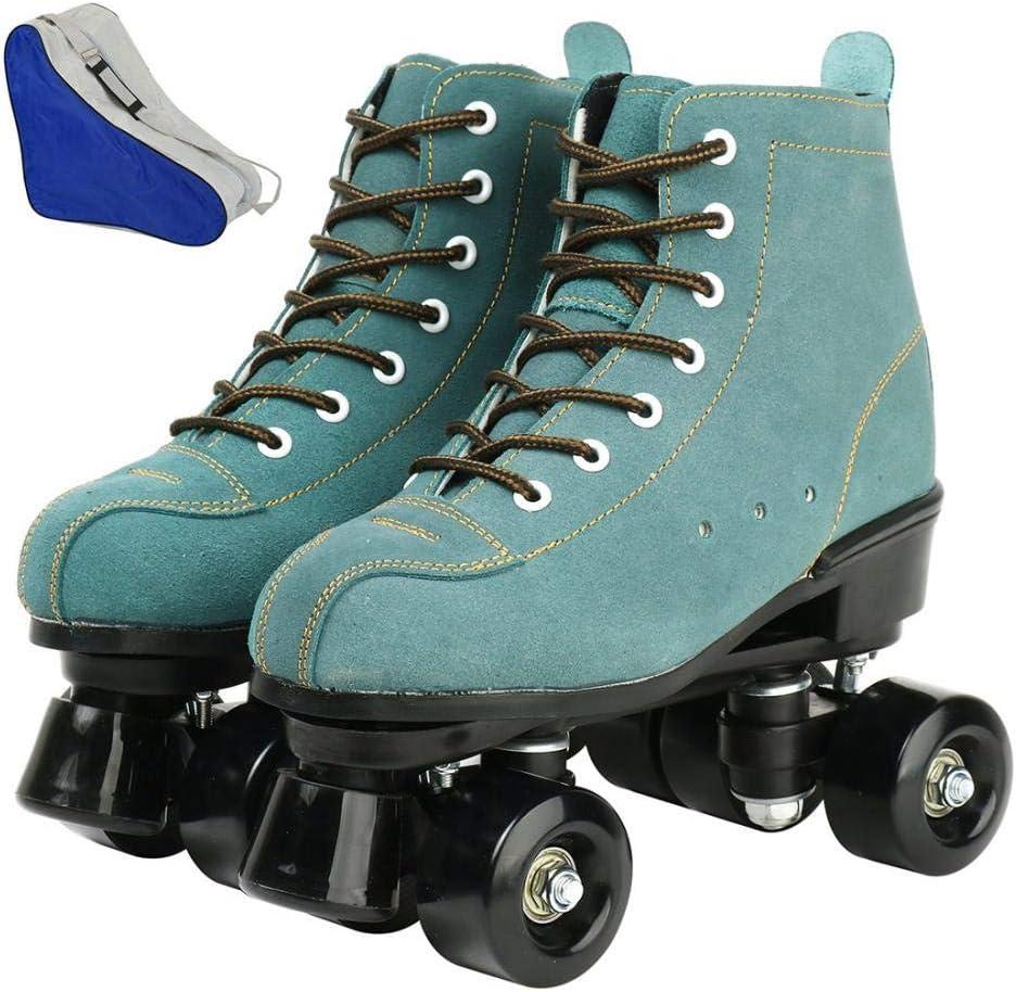 Roller Skates for Women and Men Cowhide High-Top Shoes Classic Double-Row Roller Skate Four-Wheel Roller Skates for Men Girls Unisex Christmas (43 - 10.44in - Women's 9.5 / Men's 8, Green with black wheels)