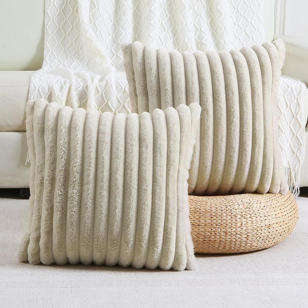 FUTEI Beige Striped Decorative Throw Pillow Covers 20x20 Inch Set of 2,Square Spring Decorations Couch Pillow Case,Soft Cozy Faux Rabbit Fur & Velvet Back,Modern Home Decor for Bed