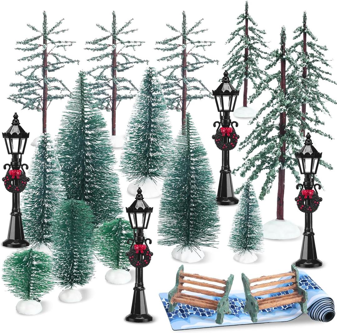 22 Pcs Christmas Village Sets Accessories Miniature Pine Trees Christmas Village Frosted Christmas Tree Figurine Streetlight Lamps Village Street Mat Park Bench Seat for Xmas Winter Decor