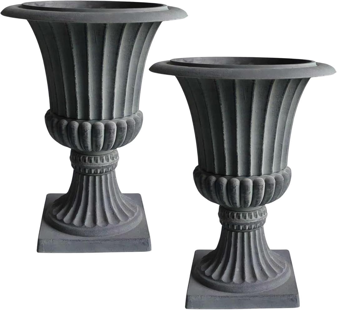 Urn Planters 22", Set of 2, Tall Stone-Resin Pedestal Planters for Outdoor Plants, Large Front Porch Decor, Patio Garden Pots, Outdoor Urns for Entryway, Porch & Deck, Grey Plant Pot, 21.5 inch high