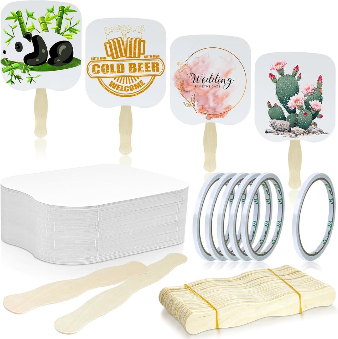 50 Piece Church Handheld Fan DIY Set, Includes Wooden Wavy Handles Craft Sticks, Blank Cardstock Paper (Not Printer-Compatible), Double-Sided Tape, Ideal for Crafting, Painting, Hand Decorati