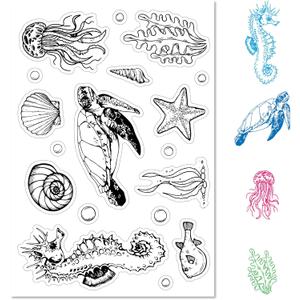 CRASPIRE Sea Animal Clear Rubber Stamp Ocean Turtle Marine Shell Starfish Seahorse Jellyfish Transparent Silicone Seals Stamp for Journaling Card Making Crafting DIY Scrapbooking Album Notebook Decor