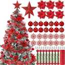 75 Pcs Christmas Tree Decoration Set Gift Christmas Ball Ornament Star Tree Topper Glitter Poinsettia Flowers Hanging Snowflakes Mesh Ribbon Bendable Ties for Xmas Holiday Party(Red)