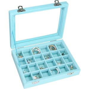 Velvet Jewelry Box 24 Grid Jewelry Ring Display Organiser Box Tray Holder Earrings Storage Case for Girls Wife Mom Women (Light Blue)