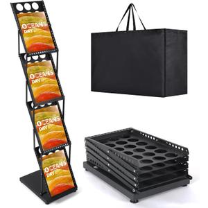 Literature Catalog Rack, Foldable Magazine Brochure Display Stand, Magazine Floor-Standing with Portable Oxford Bag, for Office Store and Exhibition Trade Show (4 Pockets, Black)