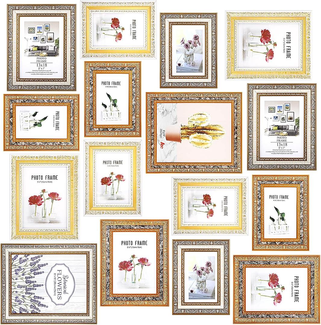 16 Pcs Gold Vintage Picture Frames Gallery Wall Frame Set Antique Collage Gallery Photo Frame Decor 3 Sizes Farmhouse Picture Frames Set with 8x10, 5x7, 4x6 for Home Wall Tabletop Display