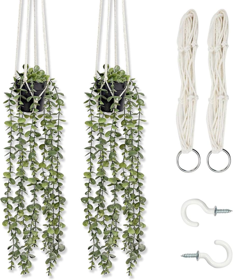 Comtelek Fake Hanging Plants 2 Pack Macrame Artificial Hanging Plants with Faux Vine Plant Hanger for Indoor Outdoor Home Wall Boho Bedroom Bathroom Office Wall Ceiling Decor