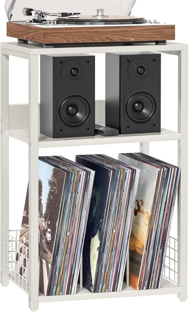LELELINKY Large White Record Player Stand, 3 Tier 18" Wide Big End Table with Vinyl Storage Up to 130 Albums, Industrial Turntable Printer Tables, Modern Side Tables for Living Room, Bedroom, Office