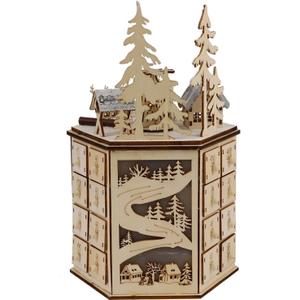 MorTime LED Revolving Music Box Advent Calendar Decorated with Christmas Tree Reindeer House LED Lights, Lighted Wooden Carved 24 Day Countdown to Christmas Calendar