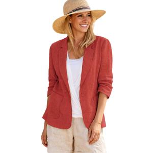 Mina Self 2026 Summer Linen Blazer Women - Lightweight Breathable 3/4 Stretchy Ruched Sleeve Casual Work Jacket with Pockets (Medium, Red)
