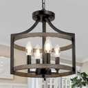 4-Light Farmhouse Chandelier, Rustic Metal Hanging Pendant Lighting, Convertible Semi Flush Mount Ceiling Light Fixture Faux Wood Black Chandeliers for Dining Room Kitchen Foyer Entryway