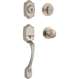 Kwikset Belleview Front Door Lock Handle and Deadbolt Set, Entry Handleset Exterior with Interior Door Knob, Satin Nickel, Pick Resistant SmartKey Rekey Deadbolt Security