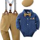 WESIDOM Baby Boy Clothes 0-18M Newborn Infant Gentleman Outfit, Shirt+Bowtie+Beret+Suspender Pant Baby boy Suit Clothing Set (0-3 Months, Navy Blue)