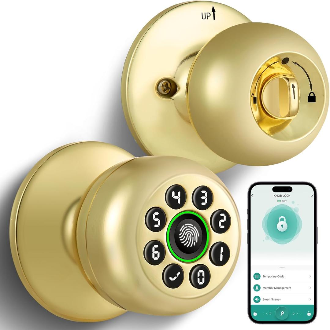 KLLOQUE Fingerprint Door Lock, Smart Fingerprint Door Knob with Keypad, Biometric Door Lock with App Control, Auto Lock Door Lock with Code, Keyless Door Knob with Lock for Bedroom, Home,Office-Brass