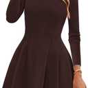 PRETTYGARDEN Long Sleeve Mini Dress for Women 2025 Fall Crewneck Knit Pleated Babydoll A Line Soft Casual Short Party Dresses (Medium, Brown)