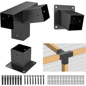 15 3-Way 3pcs Slanted Roof Pergola Bracket Set, Roof Wall Mount Extension Bracket Kit,4" x 4" (Actual: 3.5x3.5 Inch) Powder-Coated Pergola Hardware for Porch,Gazebo, Backyard