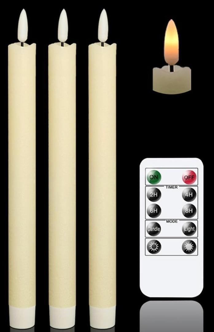 GenSwin Flameless Ivory Taper Candles Flickering with 10-Key Remote, Battery Operated Led Warm 3D Wick Light Window Candles Real Wax Pack of 3, Christmas Home Wedding Decor(0.78 X 9.64 Inch)