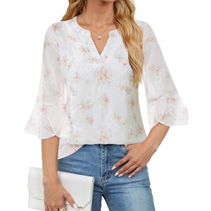 VALOLIA Womens 3/4 Sleeve Tops Dressy Casual Chiffon Blouses Floral Print V-Neck Work Office Shirts (M, Tangerine Embroidery)
