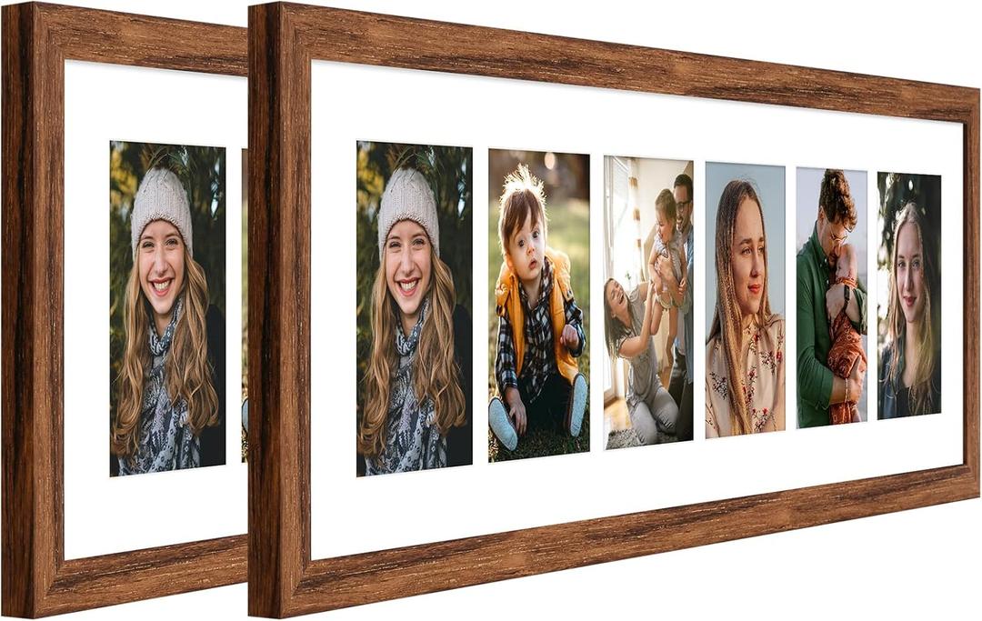 8x26 Collage frame with 6 Openings 4X6 Pictures, Multiple Picture Frame with Mat, Wall or Tabletop Decor, Carbonized Brown Wood Grain,2 Pack