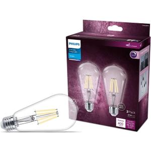 Philips LED Vintage Flicker-Free Clear Straight ST19 Dimmable, Eyecomfort Technology, 400 Lumen, Daylight(5000K), 4.4W=40W, Title 20 Certified, E26 Base, 2-Pack (564864)