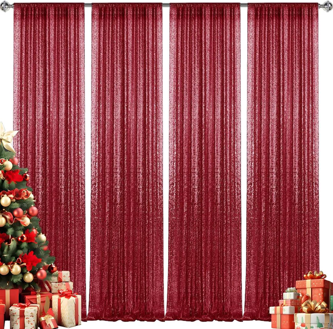 28FT-4PCS Burgundy Sequin Backdrop Curtains Panels, Photography Backdrop Glitter Curtains Fabric Background for Christmas Wedding Party Decor
