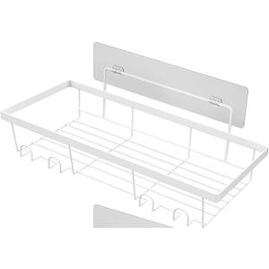 Drying Rack Metal Frame Shower Caddy 1 pcs Carbon Steel Organizer Shelf Adhesive Tape Installation Hollow Bottom Design Wall-Mounted Storage Holder for White