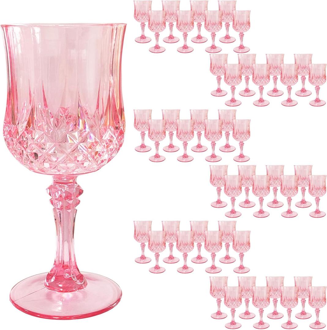 48 PCS Pink Plastic Wine Glasses, Reusable Plastic Wine Glasses, Pink Goblet Glass, Durable and Sturdy Cups Can Be Used for Various Parties Such as Weddings!