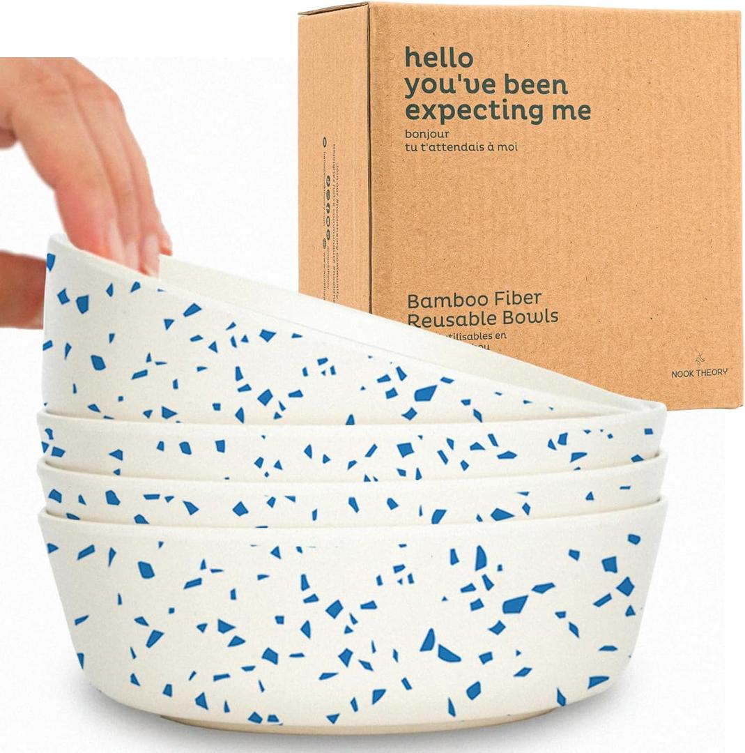 Nook Theory 4 Pack Bamboo Bowls - 18 Oz Reusable Toddler and Kids Bowl, Dishwasher Safe - Not Microwavable Bamboo Dishes (Terrablue)