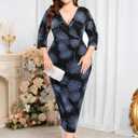 ZOMVA Plus Size Sparkly Wrap Dress 3/4 Sleeve Firework Glitter Bodycon Dresses Wedding Guest Cocktail Evening Party (Black, XL)