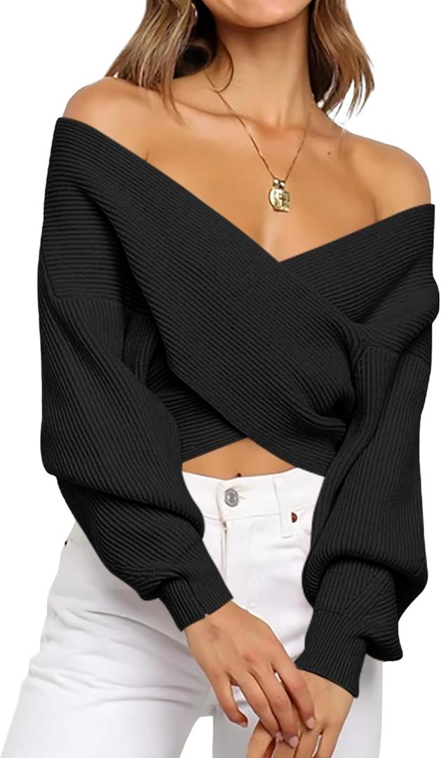 BTFBM Off The Shoulder Sweater for Women Winter Fall Fashion 2026 V Neck Long Sleeve Ribbed Knit Wrap Cropped Sweaters (Large, Black)
