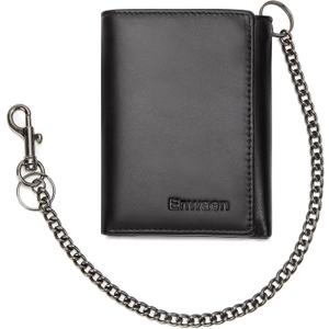 Mens Wallet with Chain, Genuine Leather Trifold Wallet RFID Blocking Anti-Theft Chain for Biker, Motorcycle (Black)