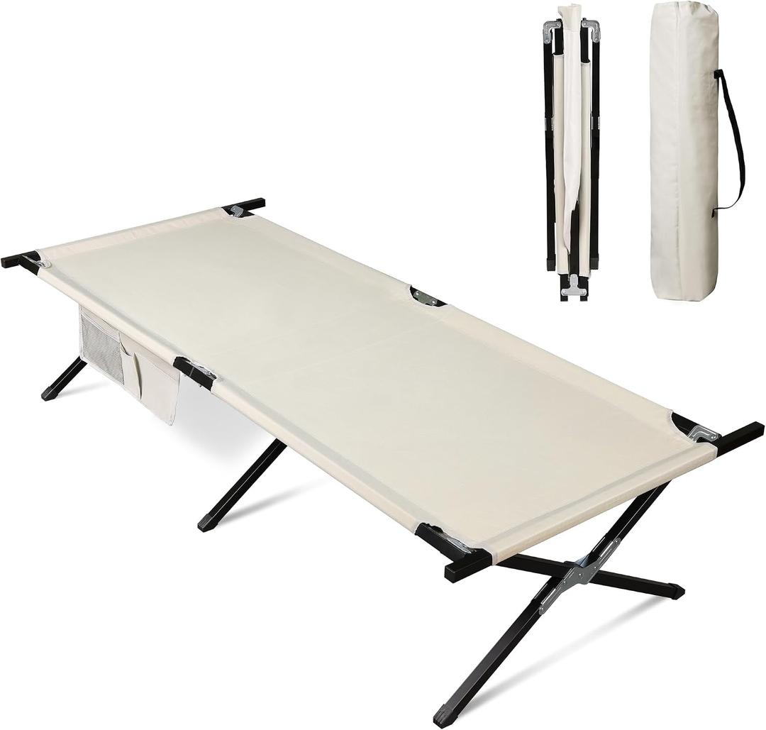WLIVE Military Camping Cot, Portable Folding Cots for Sleeping with Carry Bag, Outdoor Camping Bed for Adults with Side Pocket, Support 300 Lbs, Silver Greige