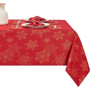 Rectangle Fancy Metallic Sparkling Snowflake Christmas Fabric Table Cloth red Hunter Gold Navy White Silver No-Iron Soil Resistant Woven Holiday Table Cover(Red Gold/60x104Inch)